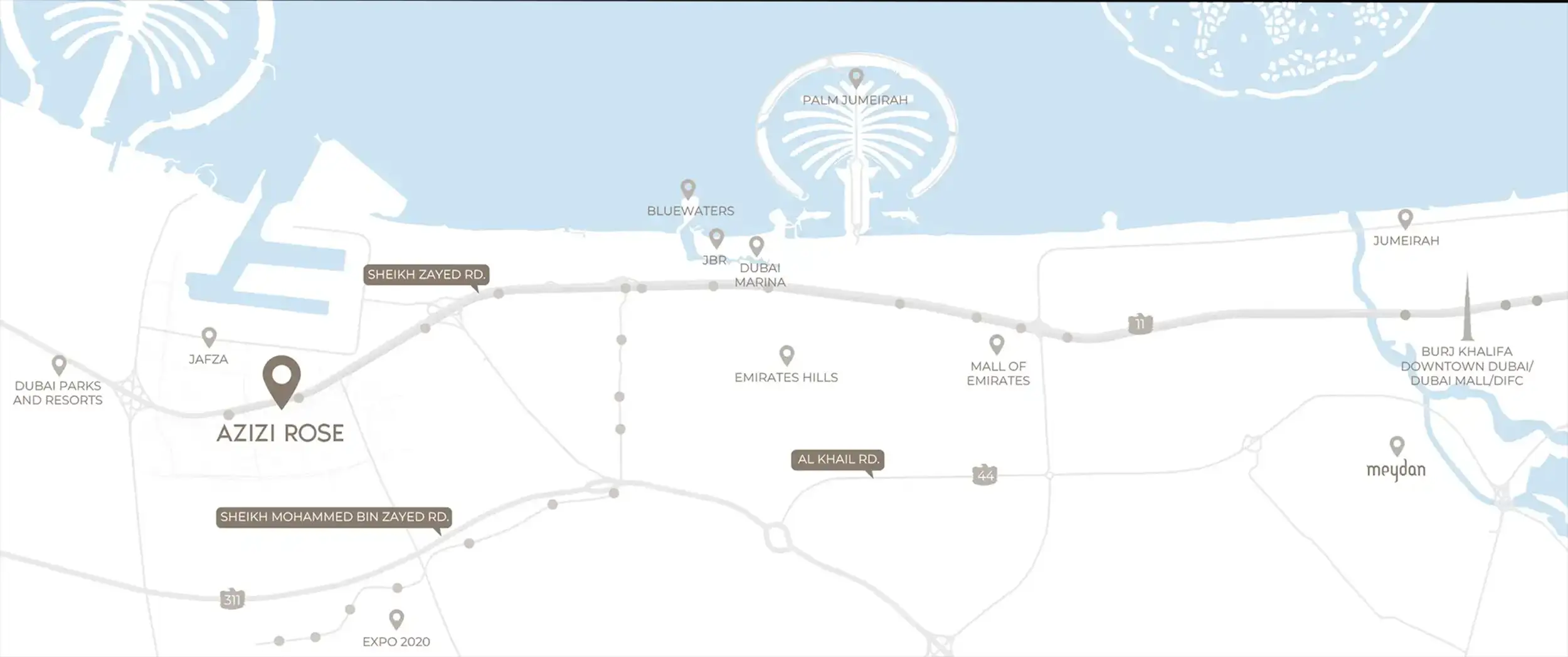 Azizi Rose – contemporary urban living in the heart of Downtown Jebel Ali Location Map