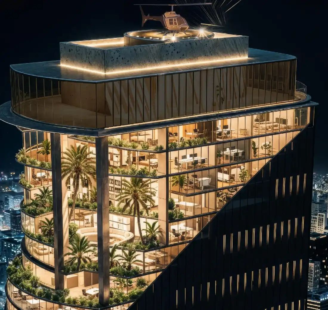 1970 Office Tower upper terraces and sky gardens at night
