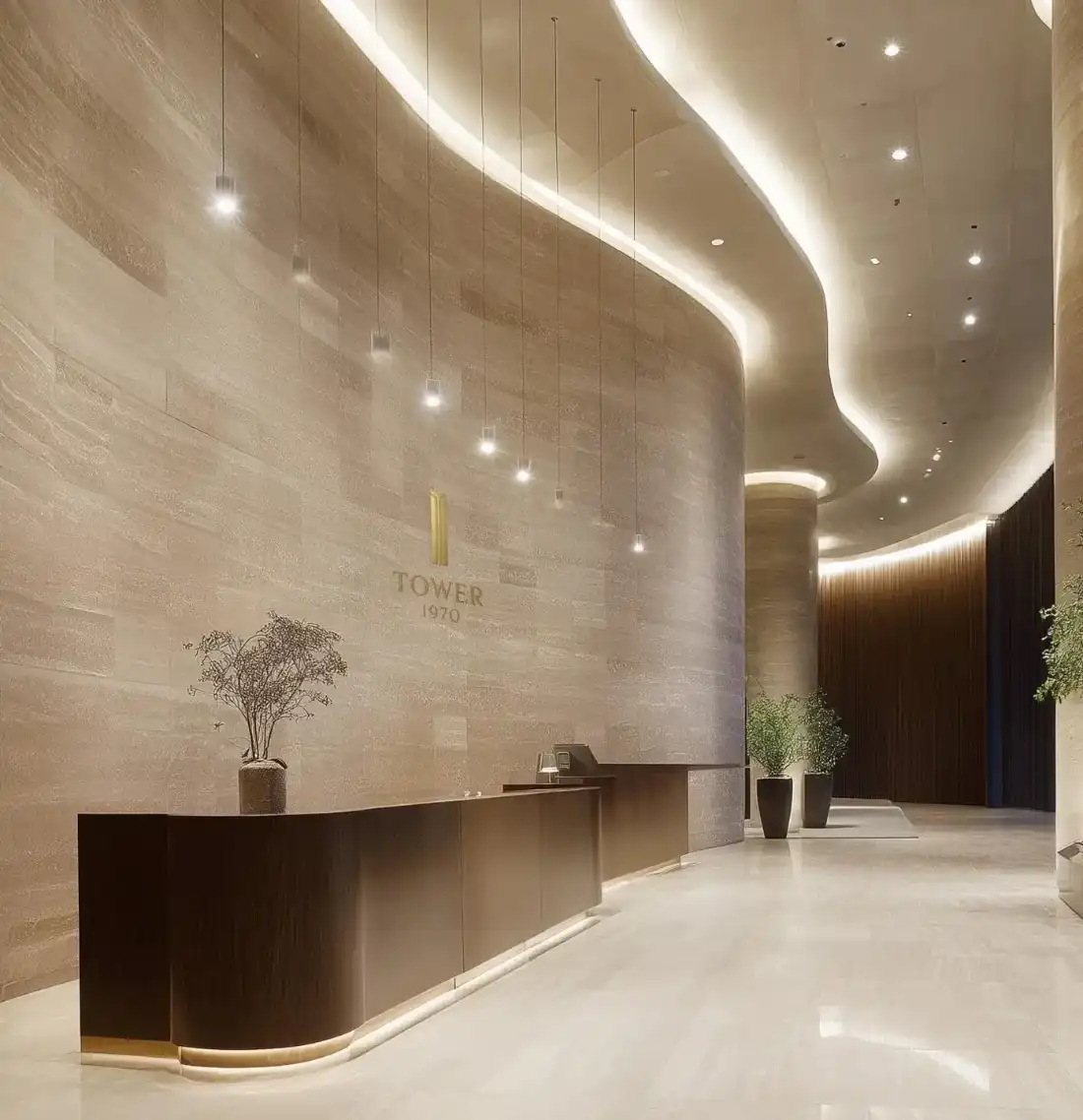 1970 Office Tower reception desk with curved stone walls