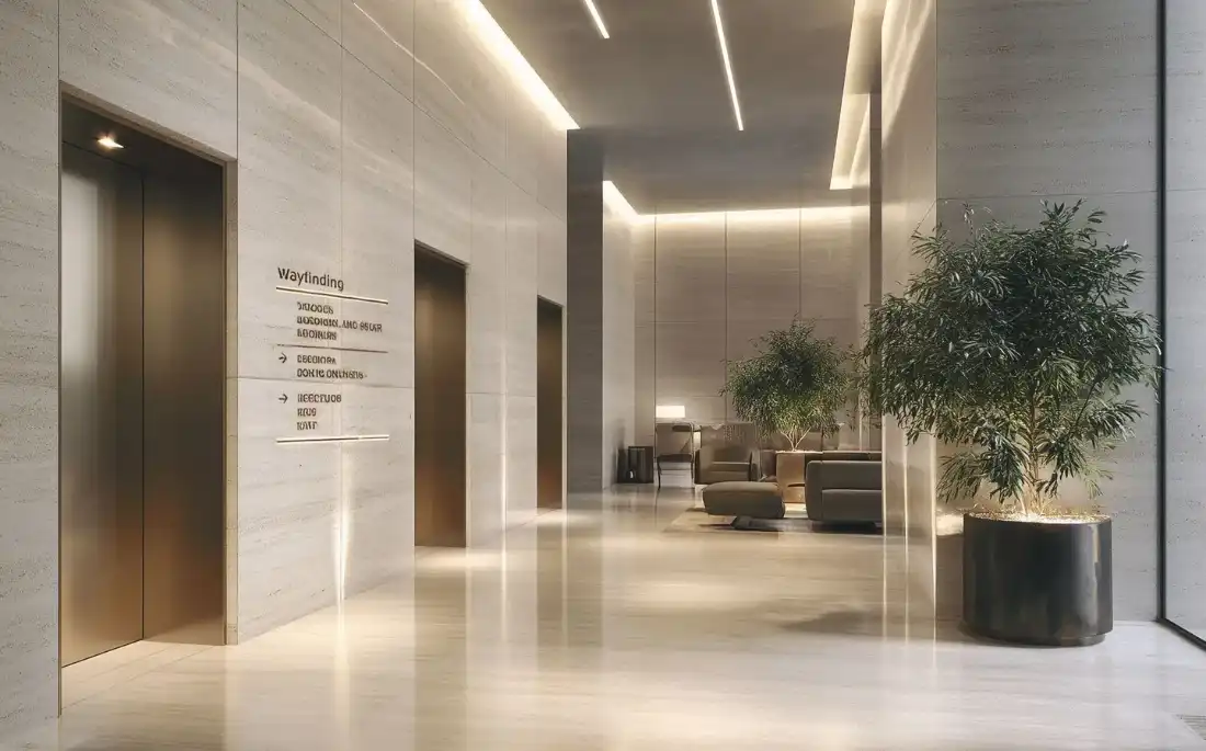 1970 Office Tower lift lobby with marble finishes