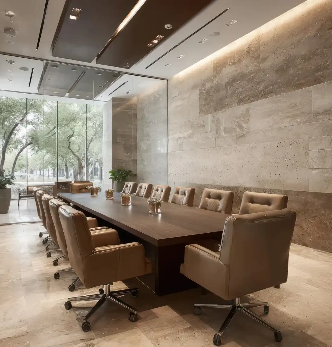 1970 Office Tower meeting room with floor-to-ceiling glazing