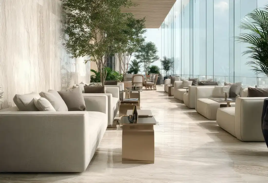 1970 Office Tower lounge and waiting area with panoramic windows