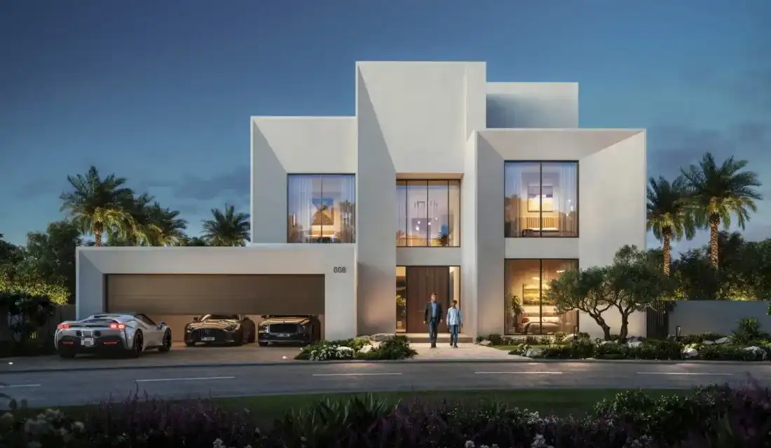 Address Villas Tierra villa façade at night with garage