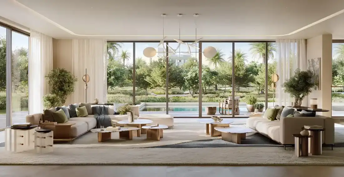 Address Villas Tierra double-height living room with garden views