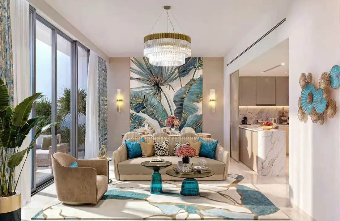 Azizi Soffiano bright living room interior with double-height windows