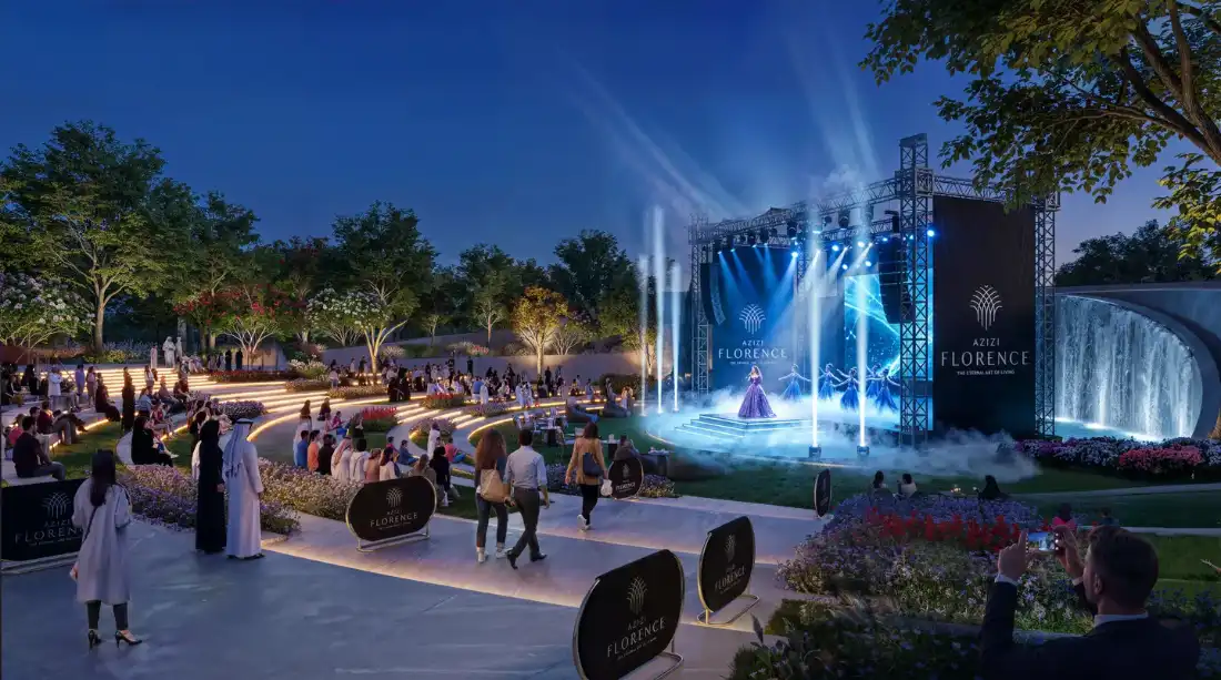 Dancing fountains and community plaza at Azizi Florence near Azizi Soffiano