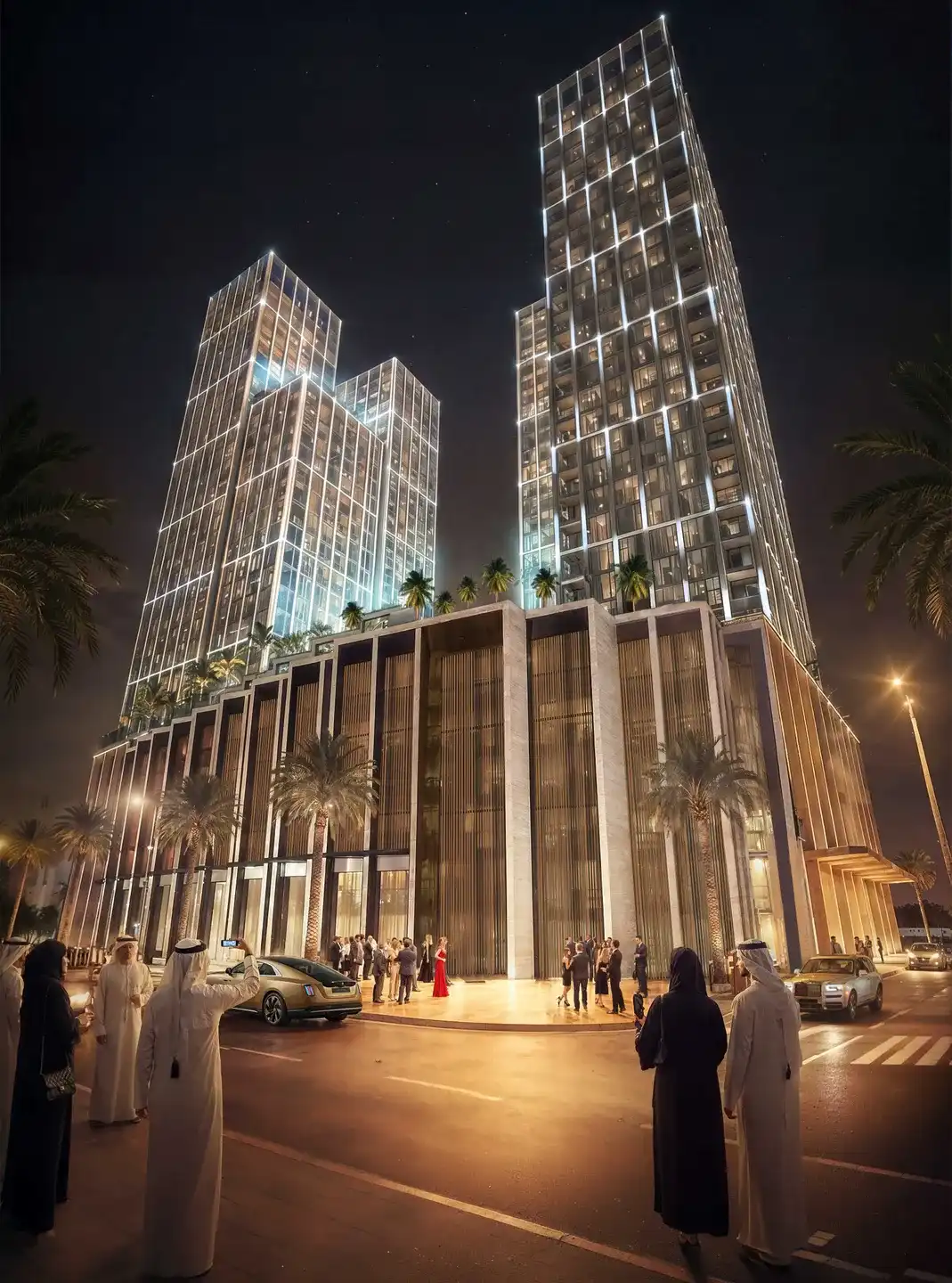 Binghatti Spectre towers with bronze and gold façade grid at night