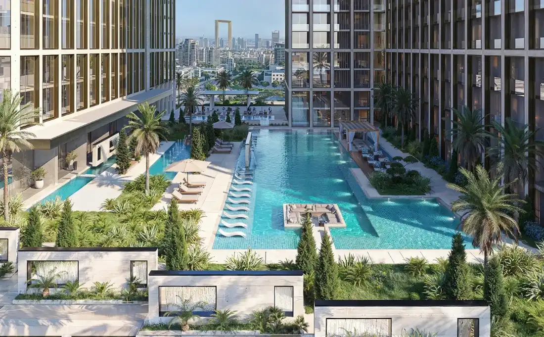 Binghatti Spectre podium swimming pool and landscaped deck