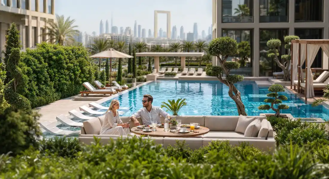 Binghatti Spectre pool lounge with greenery