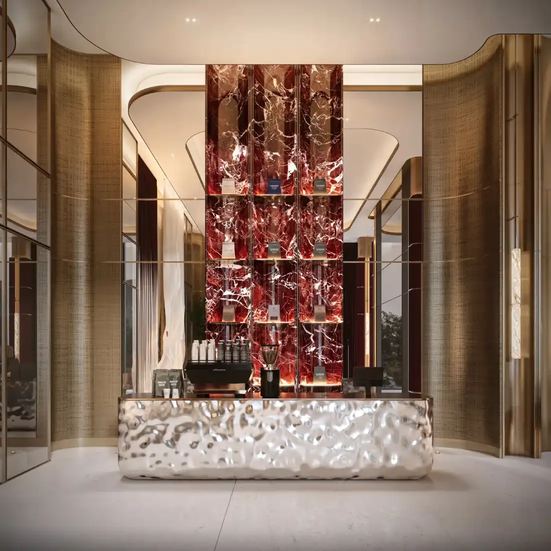 Binghatti Spectre lobby reception with marble feature wall