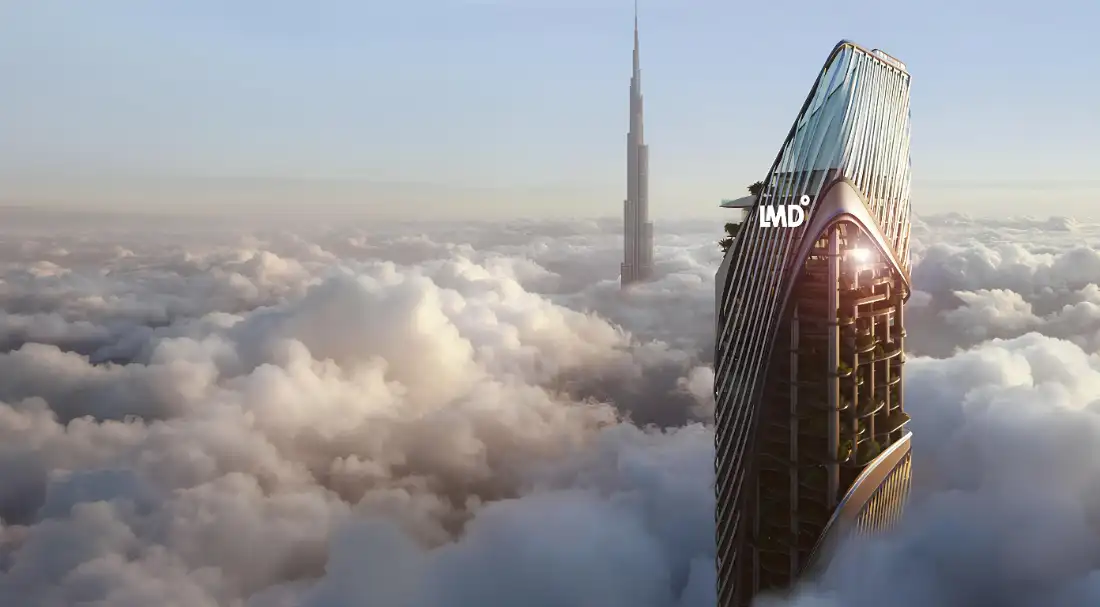 Christian A. Rockefeller Business Tower above the clouds near Burj Khalifa