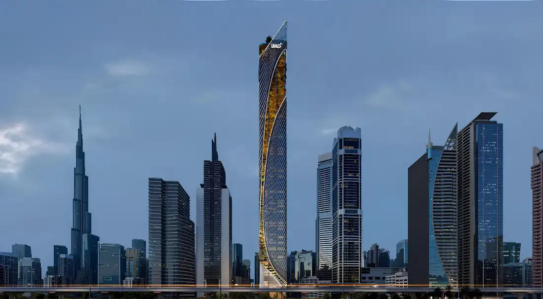 Christian A. Rockefeller Business Tower in the Dubai skyline with Burj Khalifa