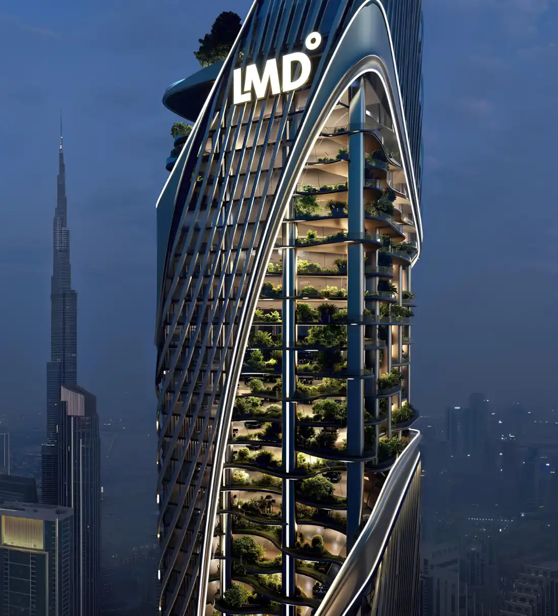 Christian A. Rockefeller Business Tower at night with vertical gardens