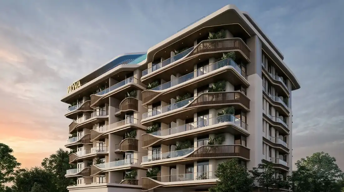 Elvora by Zoya residential building exterior at sunset in DLRC Dubai