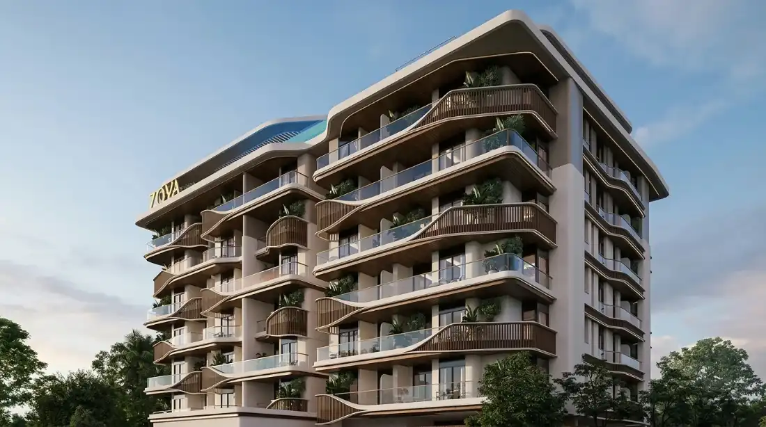 Elvora by Zoya apartment building facade with curved balconies in DLRC