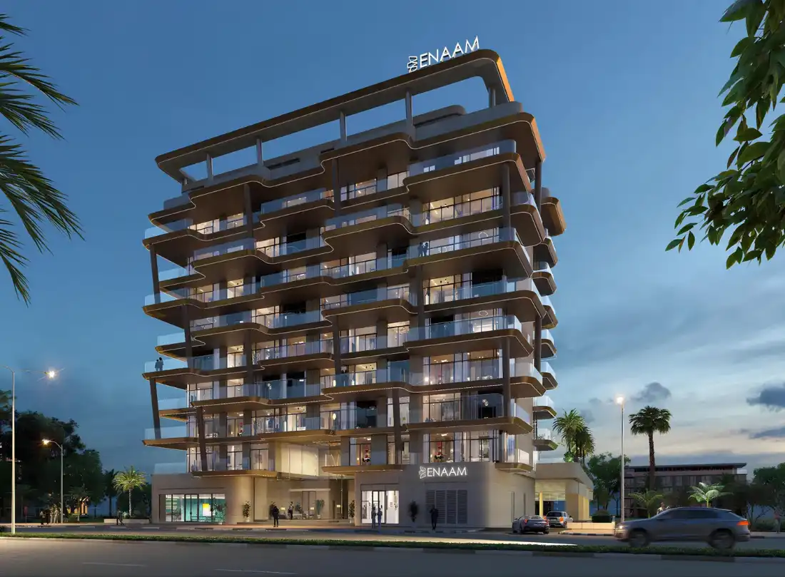 Elyra Residences building at dusk, Dubai Silicon Oasis