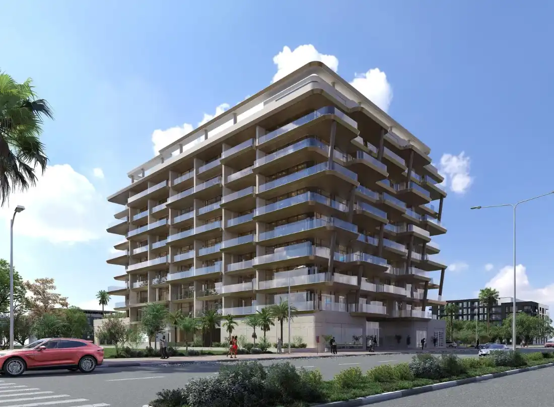 Elyra Residences façade with glass balcony railings and panoramic glazing