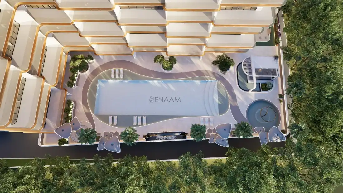 Aerial view of Elyra Residences pool deck and landscaped podium