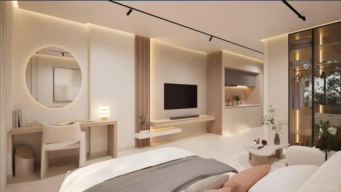 Elyra Residences bedroom interior with warm minimalist palette