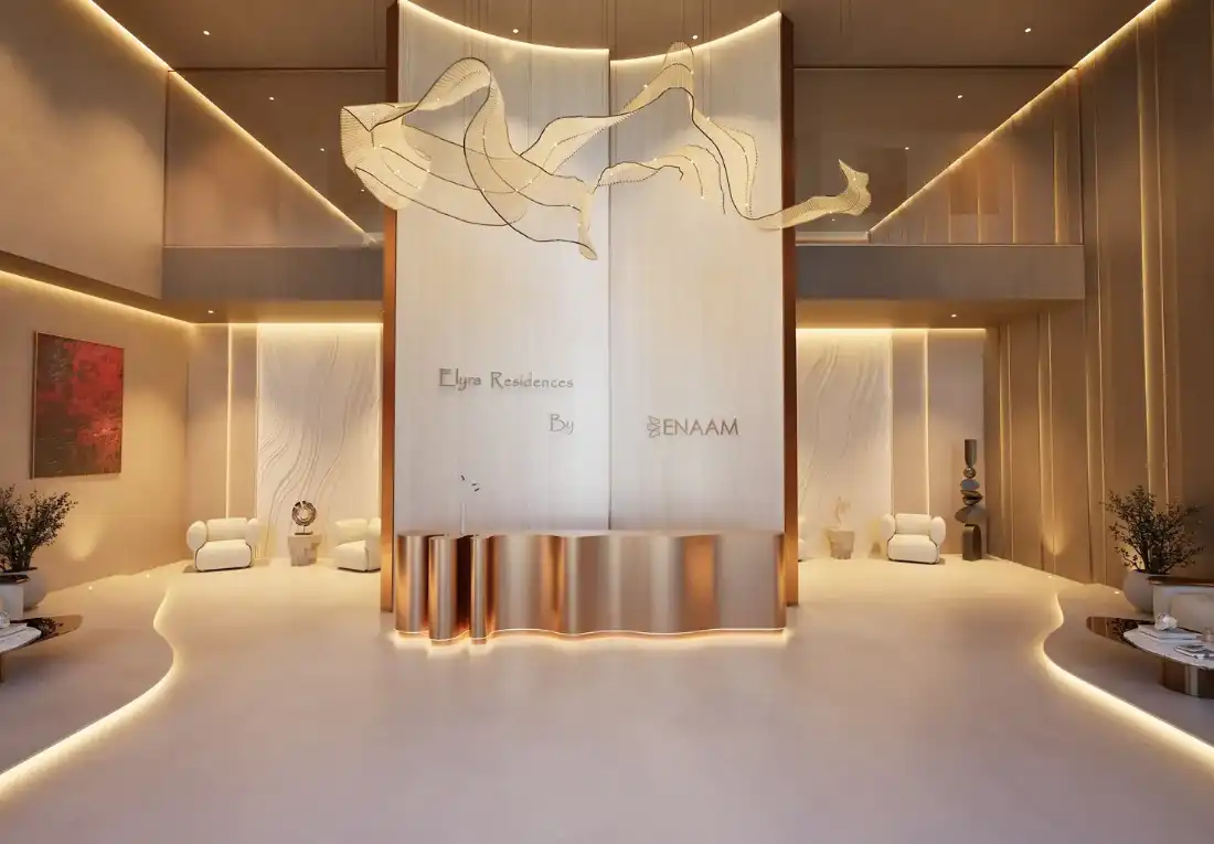 Elyra Residences lobby with flowing wood-tone design