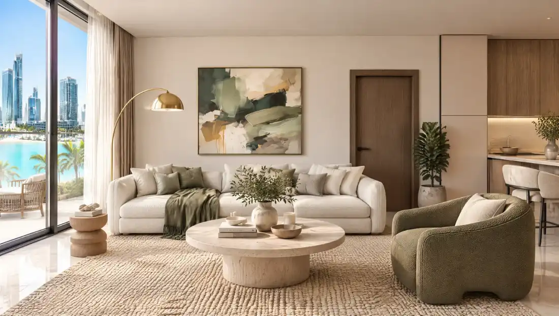 Époque apartment living room in warm neutral palette