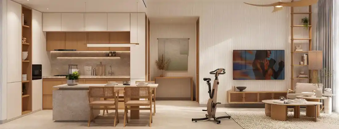 KORE by Imtiaz furnished apartment interior with natural wood finishes