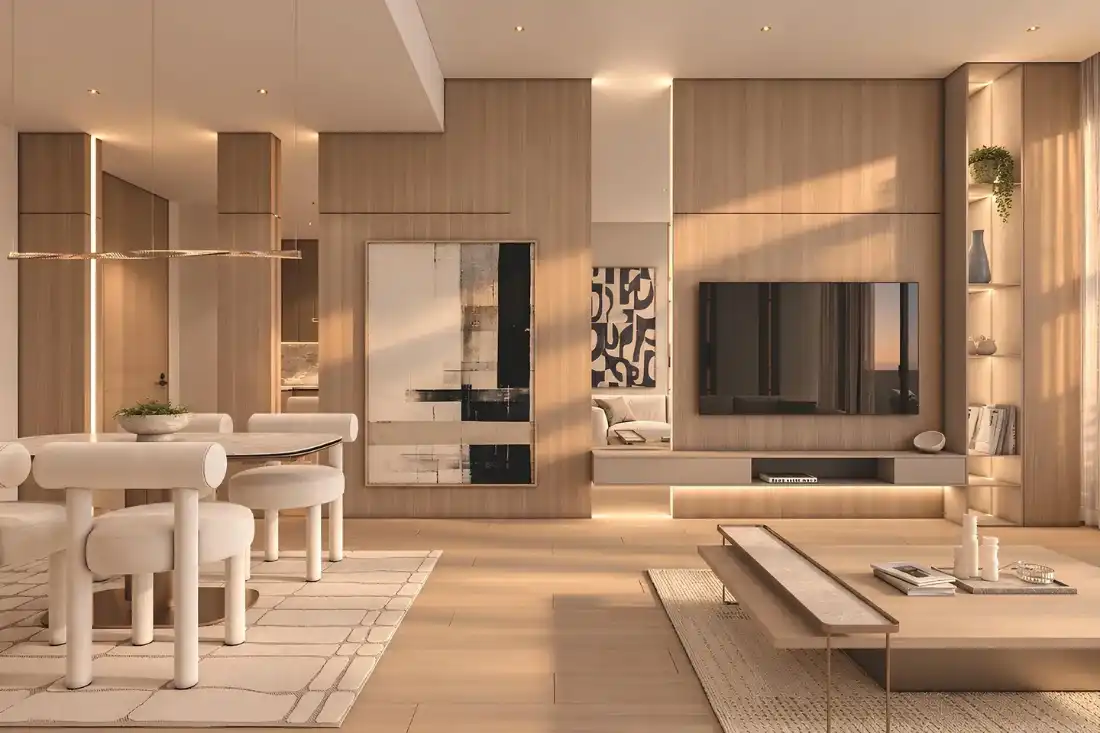 Lorévia Collection apartment living room with natural palette