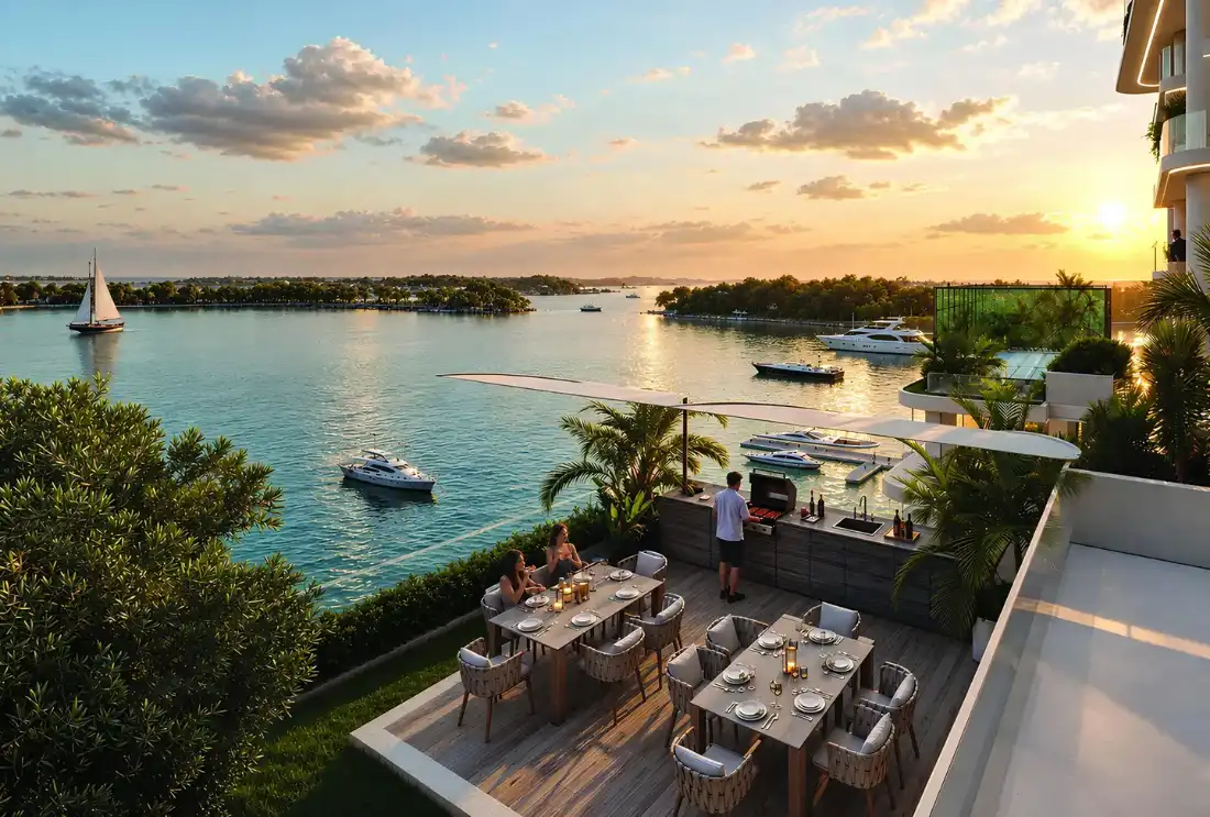 Lorévia Collection terrace with BBQ area overlooking Al Zorah waters