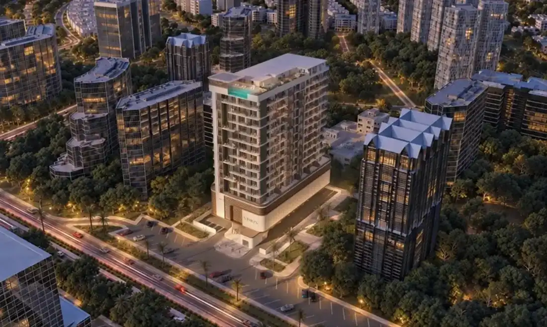 Lumina by Vision aerial view of the residential tower in Liwan, Dubai by Vision Developments