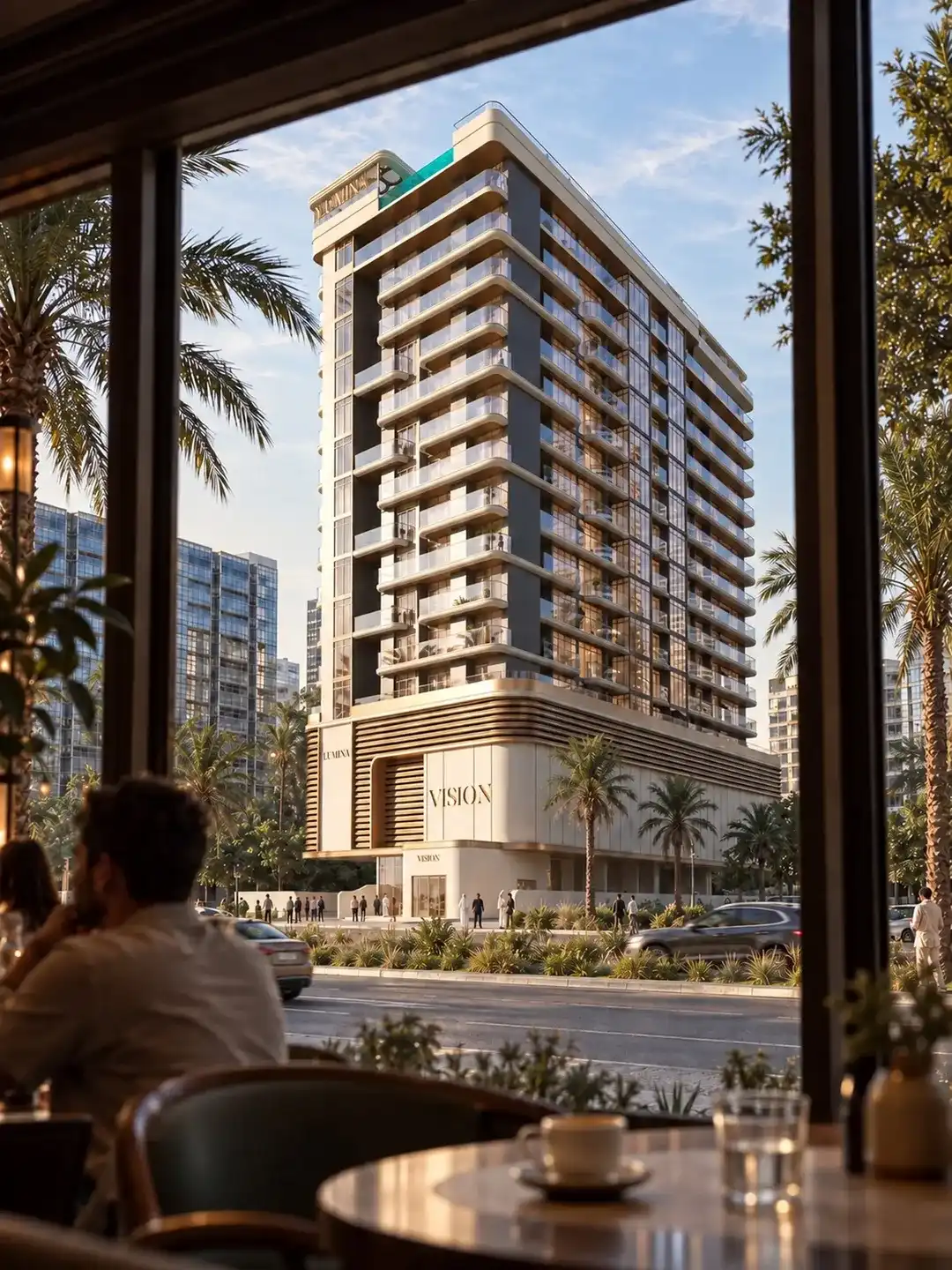 Lumina by Vision tower exterior seen from a terrace café in Liwan