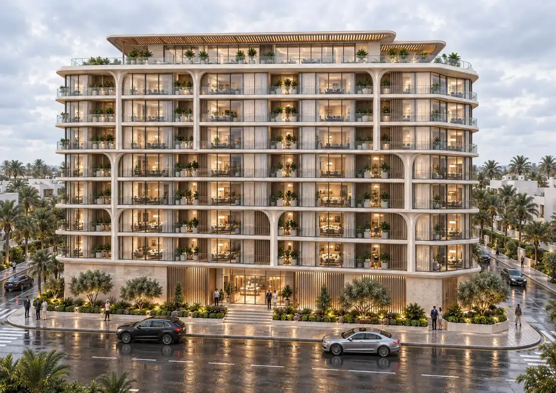 Lunara Tower façade with landscaped terraces and balconies, Majan