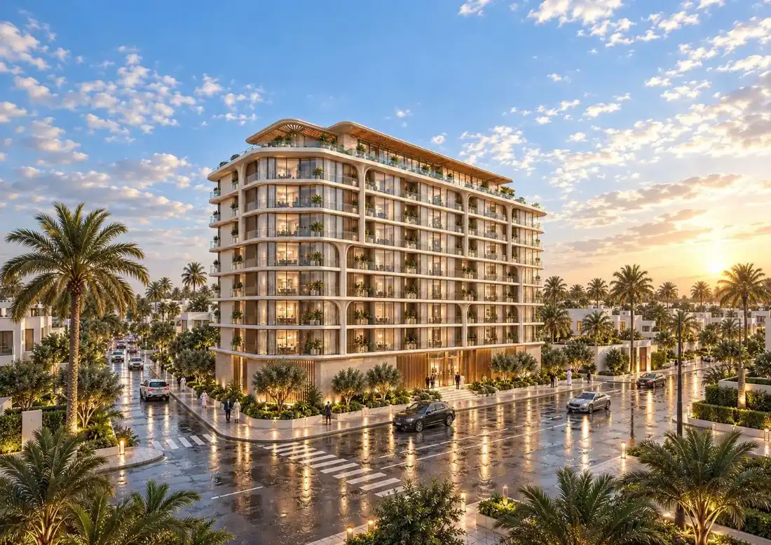 Lunara Tower exterior at sunset with greenery