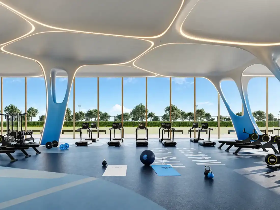 Manchester City Yas Residences fitness studio overlooking the water