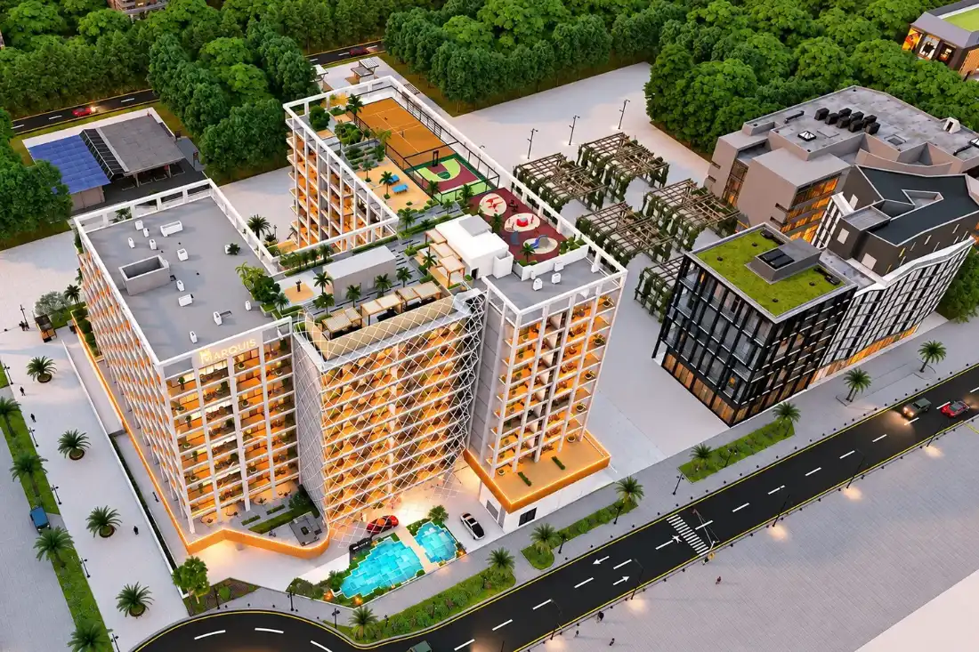 Aerial view of Marquis Aura with rooftop and podium pool, Dubai South