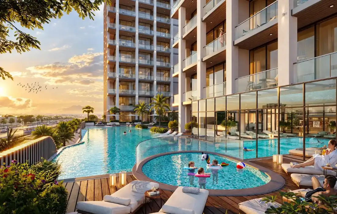 Marquis Aura podium swimming pool with sun loungers