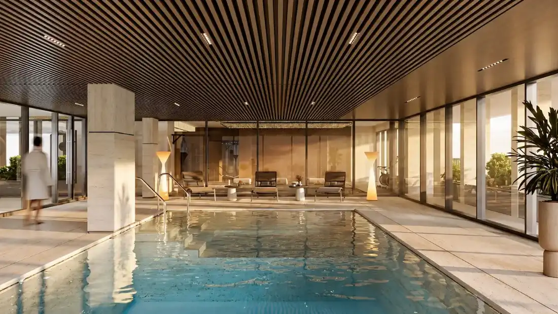 Marquis Aura indoor pool with wood-panelled ceiling