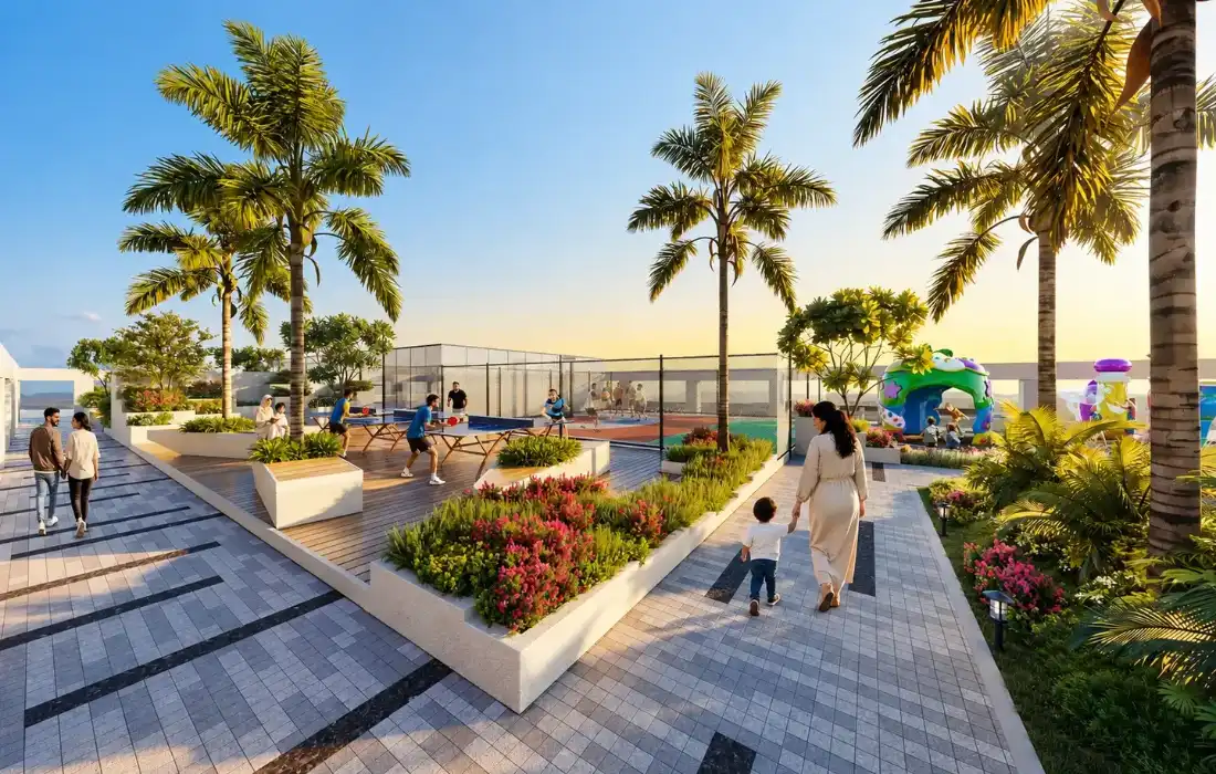 Marquis Aura landscaped amenity deck with seating and greenery