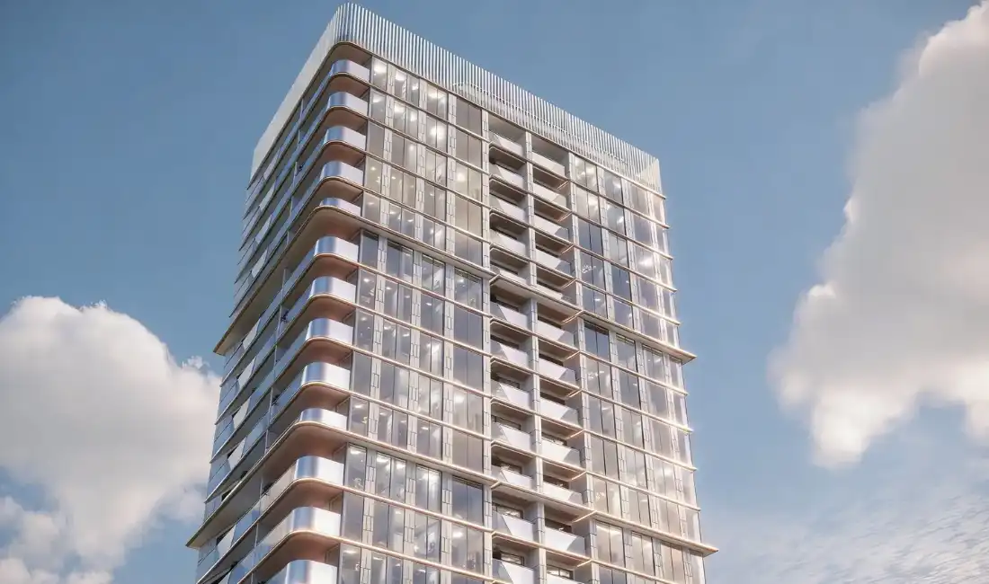Merdan Residence façade with glass balcony railings