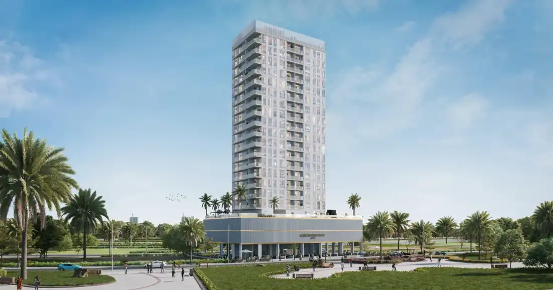 Merdan Residence building with landscaped surroundings, Dubai Sports City