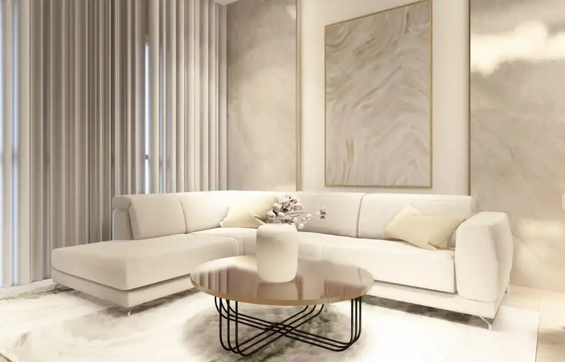 Merdan Residence living room with stone-effect wall panels