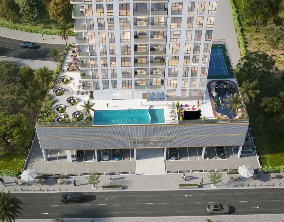Aerial view of Merdan Residence podium and pool deck