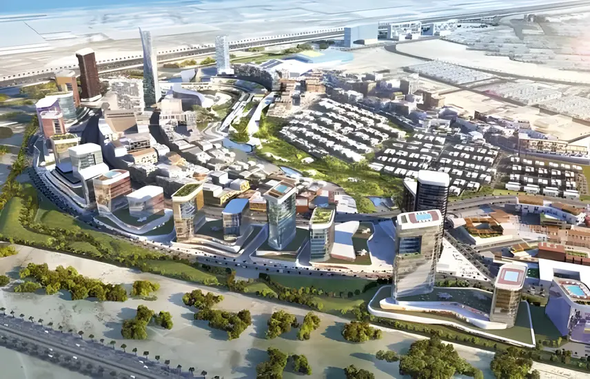 Aerial render of Downtown Jebel Ali, the location of Meriden Gate by Green Horizon Developments