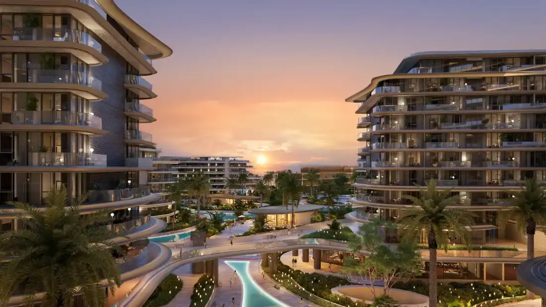 Meriva Gardens residential buildings and landscaped gardens at sunset, Dubai Islands