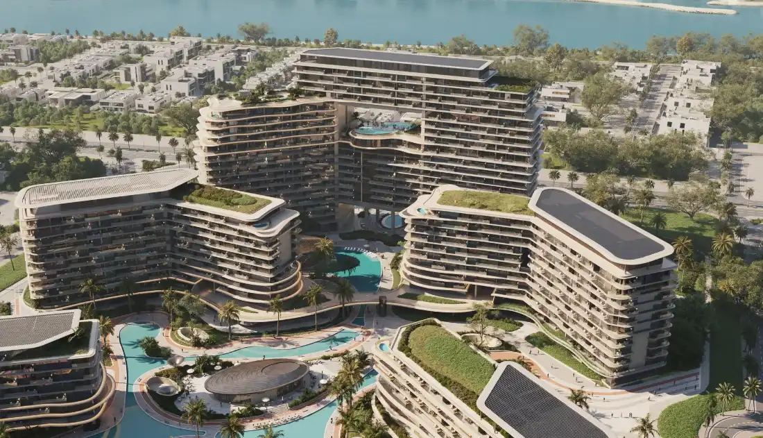 Aerial view of The Meriva Collection on the Dubai Islands coastline