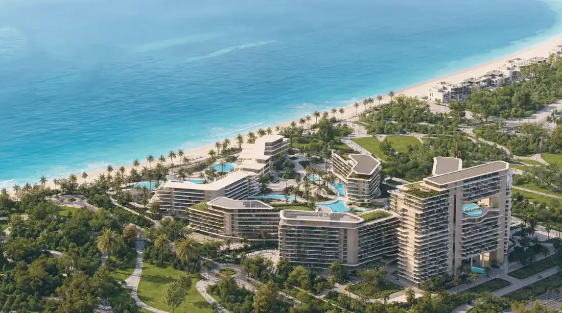 Aerial view of Meriva Gardens beside the beach at Dubai Islands