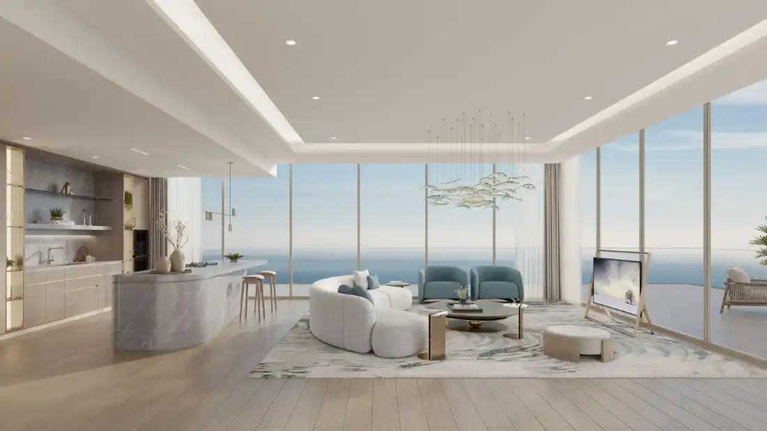 Meriva Gardens living room with panoramic sea views