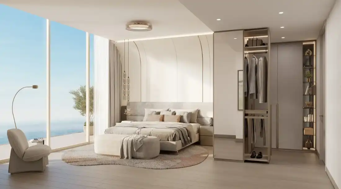 Meriva Gardens bedroom interior with floor-to-ceiling glazing