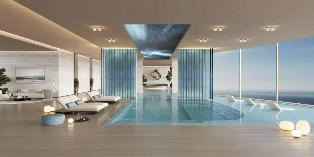 Meriva Gardens indoor pool with sea views