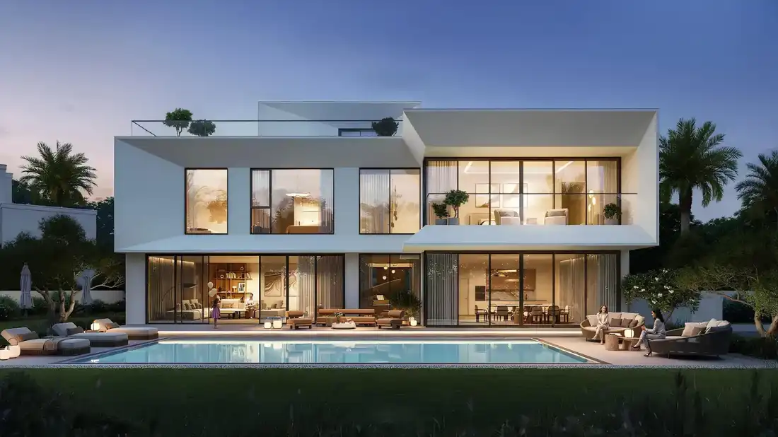 Palace Villas Ostra modern villa with panoramic glazing and private pool, The Oasis Dubai