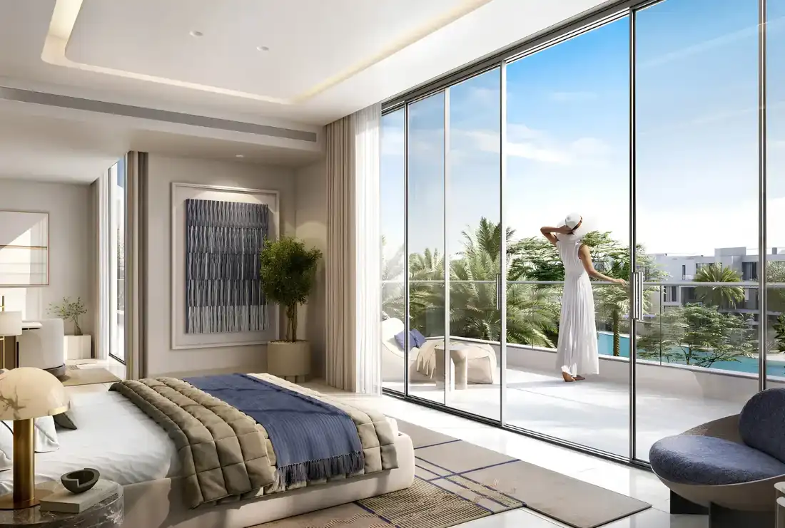 Palace Villas Ostra master bedroom with floor-to-ceiling windows